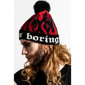 Killstar ✦ Boring Beanie ✦ Black Flame Knit Pom‑Top Gothic Statement Unisex OS